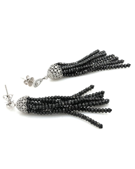 Black Diamond Bead Tassle Earrings